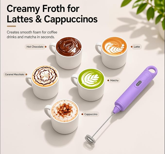 Rechargeable Milk Frother Handheld 3 Speed Coffee Foamer [3 Whisk] Electric Drink Mixer for Latte, Cappuccino, Coffee, Eggs, Hot Chocolate, Purple