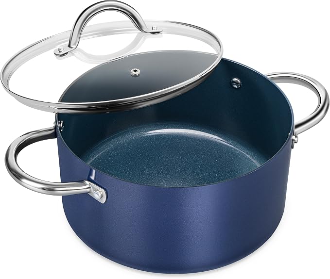 MICHELANGELO 5 Qt Ceramic Nonstick Stock Pot with Lid for Daily Meals, Blue | Aluminum stock pot with ceramic nonstick coating, glass lid, stainless handles and induction-ready base for small households