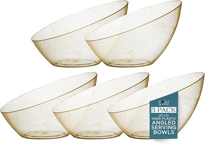 5 Pack Gold Angled Plastic Serving Bowl Disposable for Party Table 2oz | Angled Bowl Design. Chip, Candy, Salad & Fruit Use. Disposable Party Tableware. Buffet & Wedding Serving. Gold Plastic.