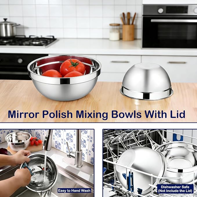 Stainless Steel Mixing Bowls With Lid, Metal Nesting Mixing Bowl Set Of 3 | Prep Bowls For Food Prep, Cooking, Baking, Serving, Storage, Dishwasher Safe, Metal Bowls with Lids for 1.5/3/5 Qt, Silver