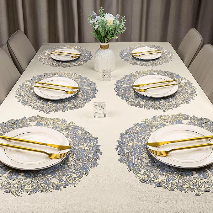 Evevda 15 inch Gold and Blue Placemats Set of 6 Round Reusable Place Mat | Vinyl Plastic Kitchen Table Mats for Home Wedding Party Dining Table Decoration