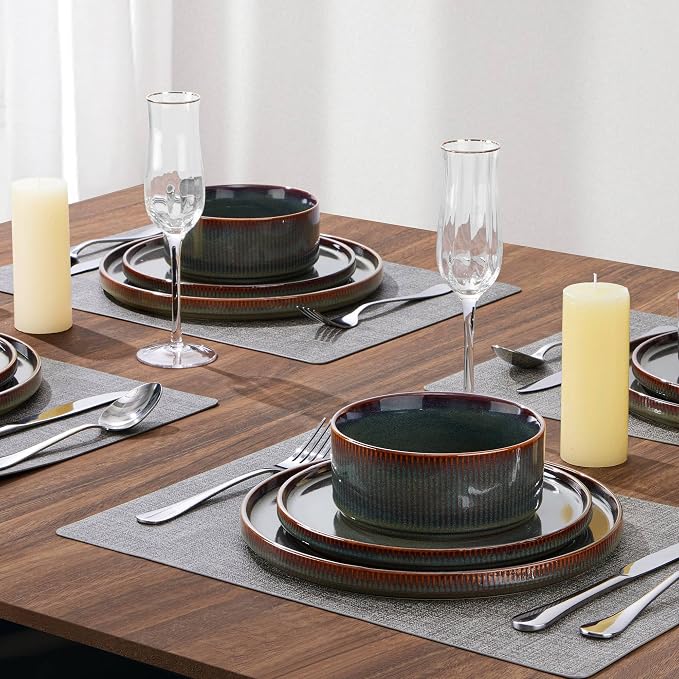LIANYU Dinnerware Sets with Pasta Bowls, 24 Piece Ribbed Dinnerware Plates and Bowls Set for 6, Elegant Modern Stoneware Dishes Set for Kitchen Dining, Microwave and Dishwasher Safe, Jungle Green