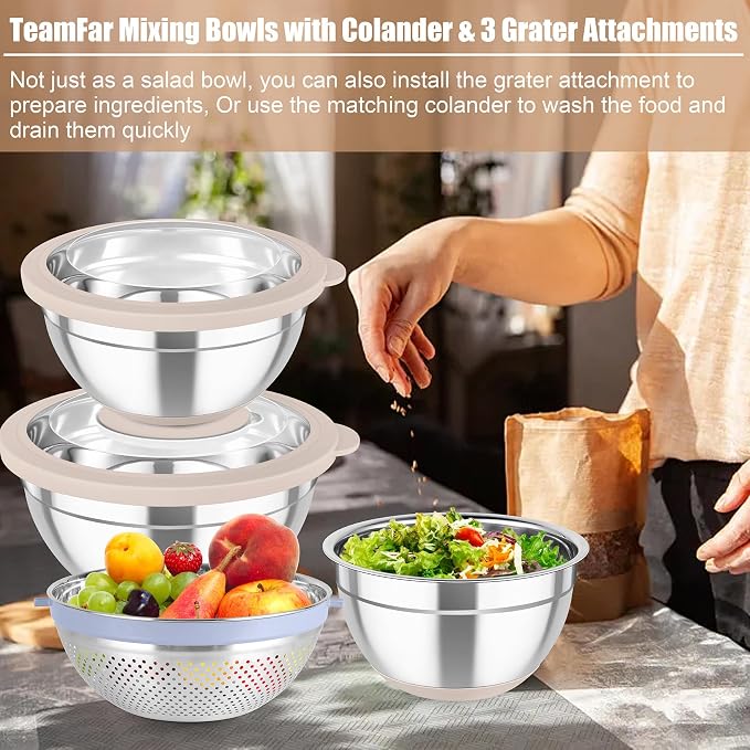 TeamFar Mixing Bowls with Colander, Stainless Steel Salad Bowls, Khaki | 4.6/ 3/ 1.5 QT Nesting Bowls Rotatable Fruit Strainer, with Lids & 3 Graters, Non-Slip Bottom & Visible Lid, Dishwasher Safe