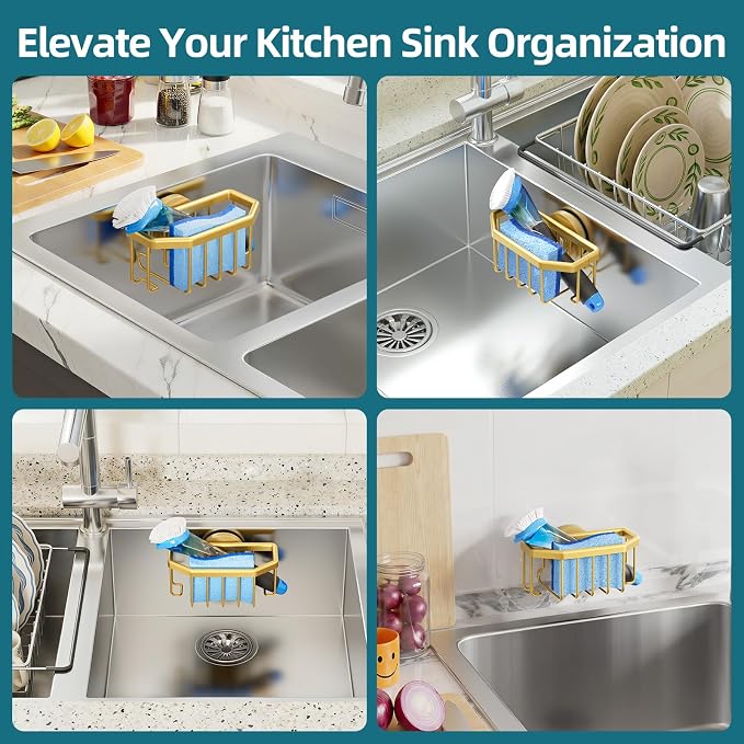 TAILI Sponge Holder for Kitchen Sink with Strong Suction Cup-Gold | Removable Sink Caddy for Kitchen Sink Oganizer, Rustproof Aluminum Sink Sponge Holder for Scraper Brushes, Stoppers