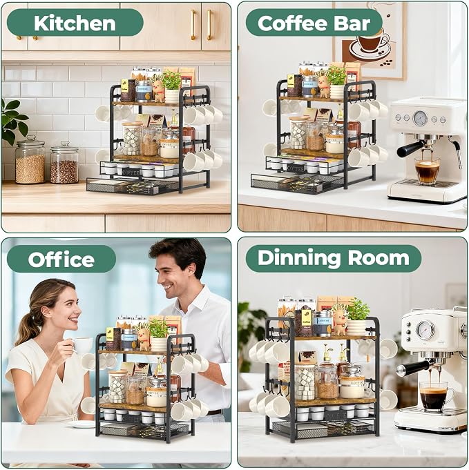 EsLuker.ly Coffee Bar Organizer Station Shelf Mug Holder for Countertop | 4 Tier Mug Holder Stand with 12 Hooks, K Cup Pod Drawer for Home Office, Keeps Essentials Tidy & Accessible