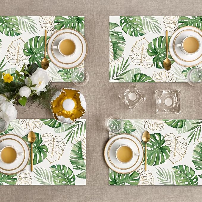 Bonhause Tropical Palm Leaves Monstera Placemats Set of 4, 12x18 Inch Summer Hawaiian Green Plants Kitchen Dining Table Mats Washable Place Mats for Indoor Outdoor Home Party Decor