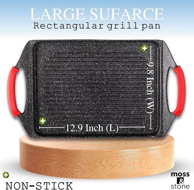 Moss & Stone Griddle Aluminum BBQ, Rectangle Grill Pan for Indoor Cooking | 18x10.5" Non-stick Flat Top Griddle Pan for Stove, For Fish Vegetables & As Steak Pan, StoveTop Induction Grill