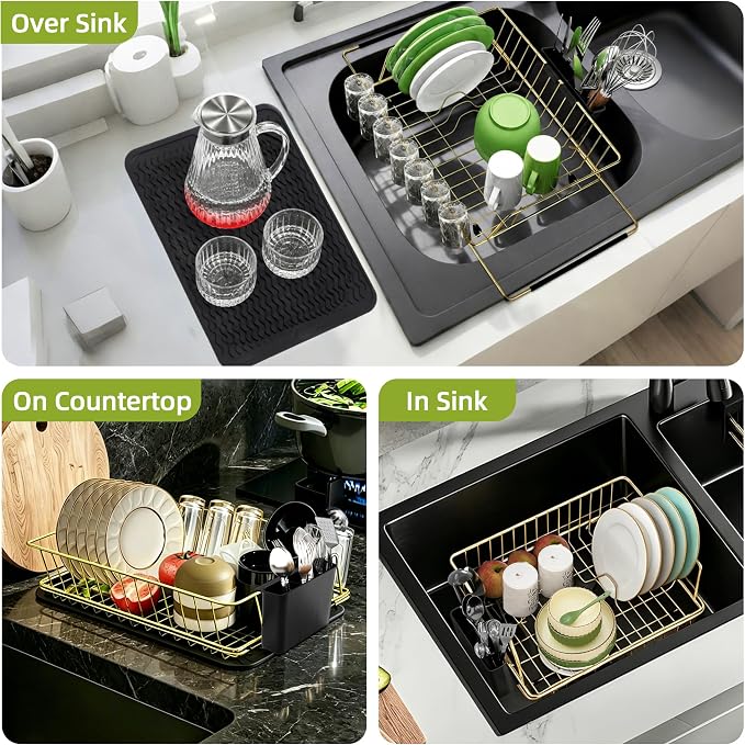 Dish Drying Rack-Large Stainless Steel Dish Drainer Over The Sink for Kitchen Countertop with Utensil Holder and Silicone Drying Mat(Gold, in Sink, 24.2'*13.2')