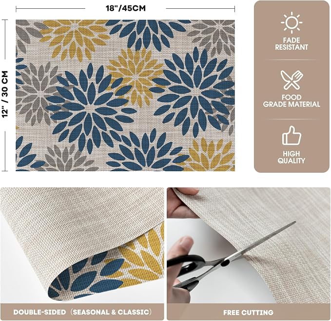 Artoid Mode Floral Vinyl Placemats Set of 4, Heat Resistant Washable Non-Slip Plistic PVC Place Mats for Party Kitchen Dining Decor, Blue Yellow