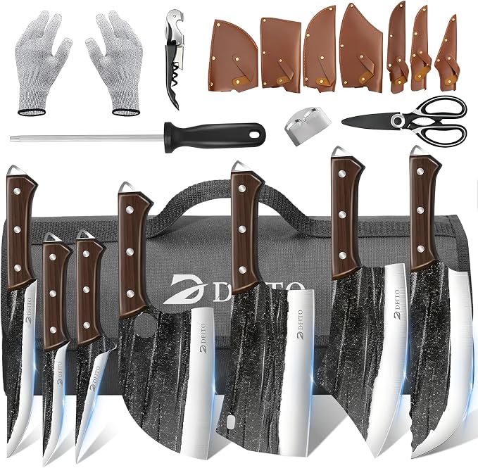 Butcher Knife Set, Sharp Kitchen Knife Set with Roll Bag Gift for Men | Hand Forged 14PCS Butcher Chef Knife Set with Bone Chopping Knives & Meat Cleaver Knife & Fillet Knives for Home, Camping BBQ