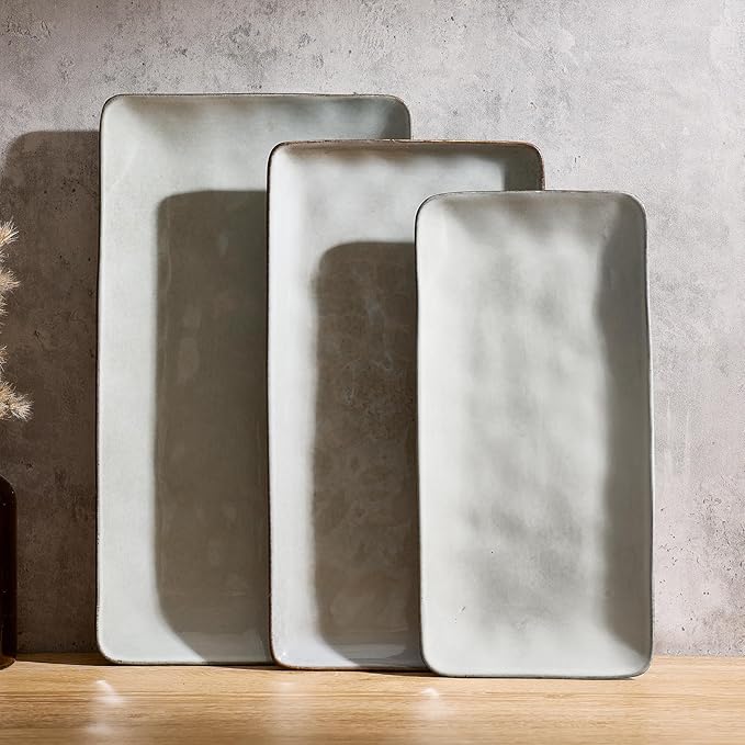 Famiware Serving Platters Set of 3 Sizes - Rectangular, Grey | 15.67"/14.1"/12.6" Fine Stoneware Serving Trays for Party, Entertaining for Food, Turkey, Cheese, Microwave Dishwasher Safe