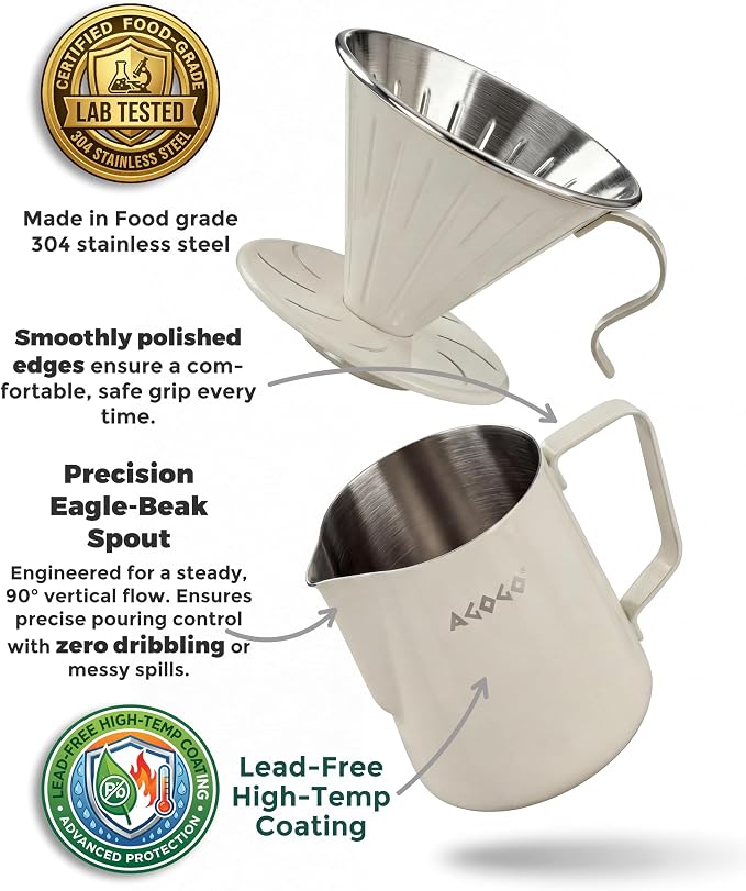 AGOGO Stainless Pour Over Coffee Maker Set, 50 Paper Filters, 20oz, Cream | Unbreakable carafe for kitchen RV camp and office, includes barista towel, lead-free food grade 304 stainless steel