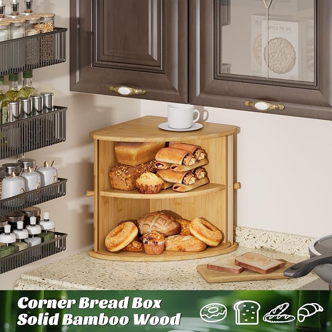 Corner Bread Box for Kitchen Countertop, Solid Bamboo Wood Bread Box, Two Layer Wooden Bread Storage Capacity