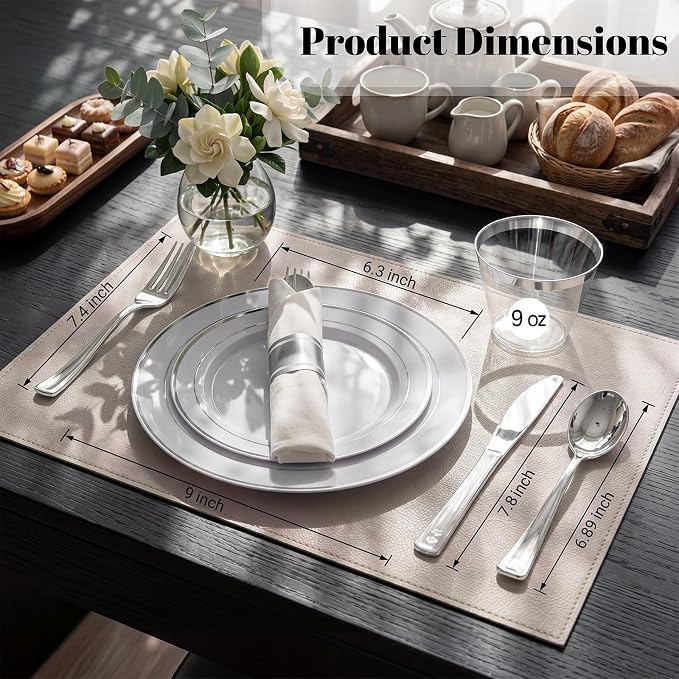 350Piece Silver Plastic Dinnerware Set for 50 Guests - Silver Plastic Plates with Cutlery Include:50Dinner Plates-50Dessert Plates-50Pre Rolled Napkins with Silverware Party Wedding