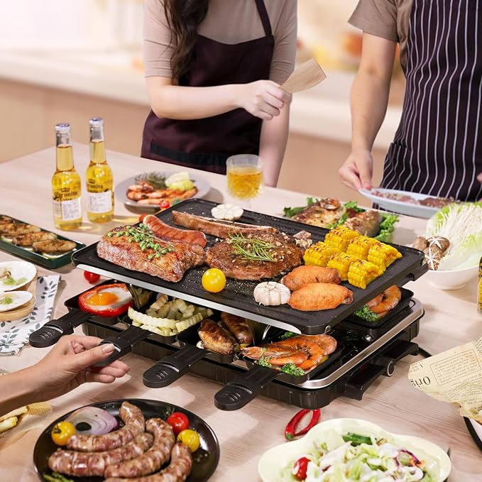 Raclette Table Grill 2-in-1 Korean BBQ Smokeless Indoor Grill, 8 Pans 1300W | Electric Griddle with Nonstick Surface & Adjustable Temp Control, KBBQ Table Grill for Family Gatherings, Dining & Parties