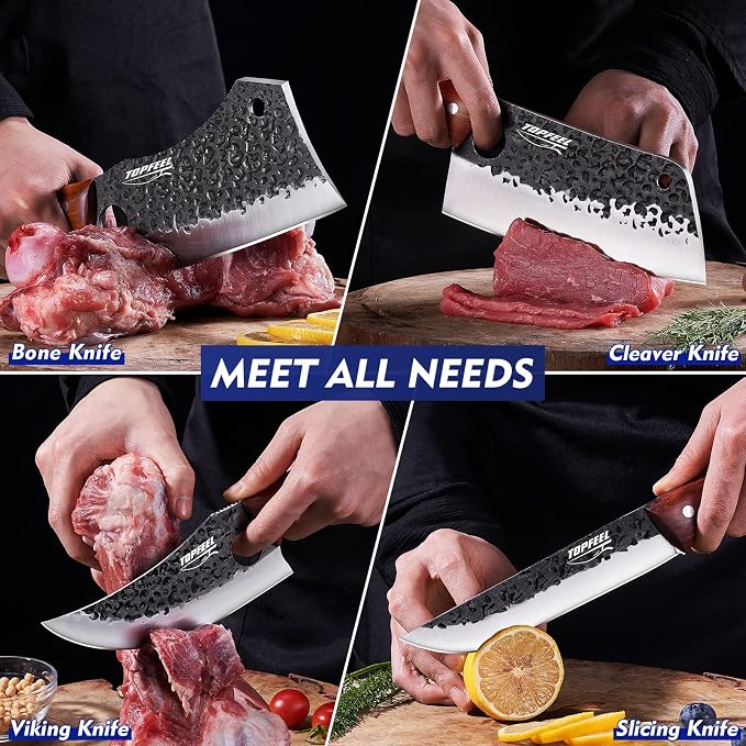 Topfeel 4PCS Butcher Knife Set with Bone Chopper and Meat Cleaver | Bone chopper, meat cleaver, Viking knife and slicer with hand-forged blades, full-tang red sandalwood handles and gift box