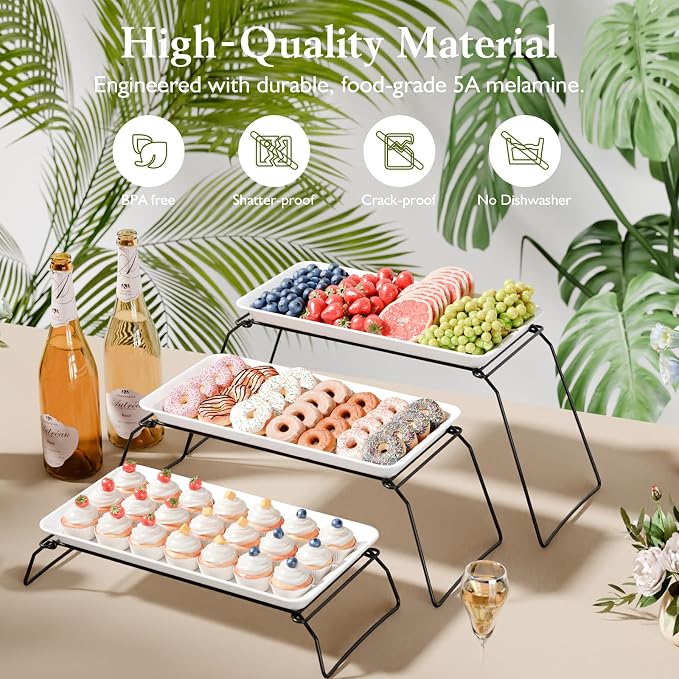 Bumusty Large 3-Tier Melamine Serving Tray Set, 17 x 8.7 in, Black Stand | Melamine Reusable Platters with Metal Display Stand for Cupcakes, Desserts, Fruit, Cookies, Parties, Birthdays and Holidays