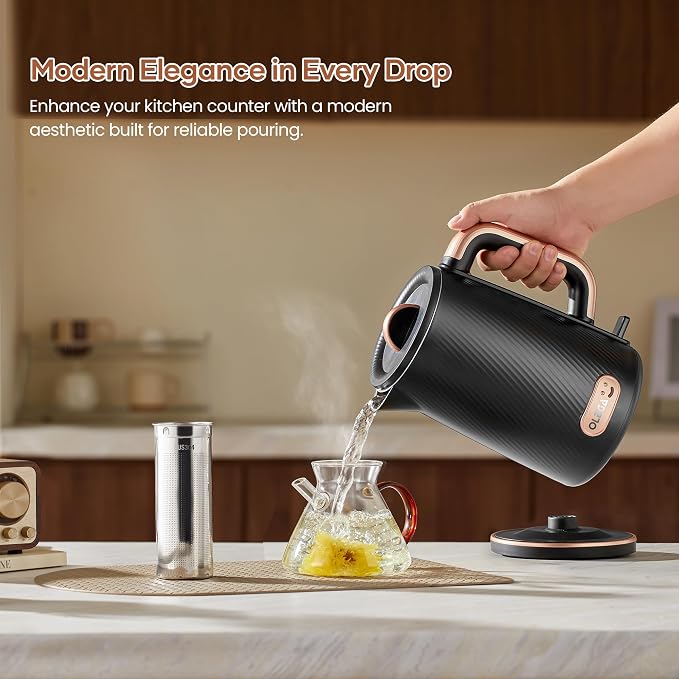 OLEGA Electric Kettle: 1200W Fast Boil Tea Kettles with Tea Infuser 1.5L | Stainless Steel Kettle; Electric Water Kettle with Strainer; Plastic Free Teapot; Auto Shut-Off Water Boiler