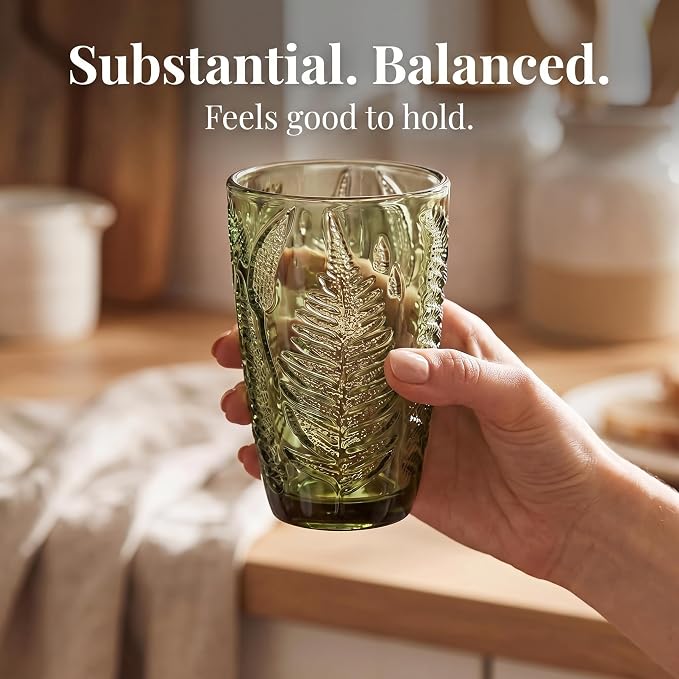 Green Drinking Glasses Set of 4, 12 oz Glass Cups, Vintage Fern Glassware | Hand-Pressed, Dishwasher Safe, Boho Leaf-Textured Drinkware, Embossed Highball Tumblers for Water, Retro Kitchen Gift