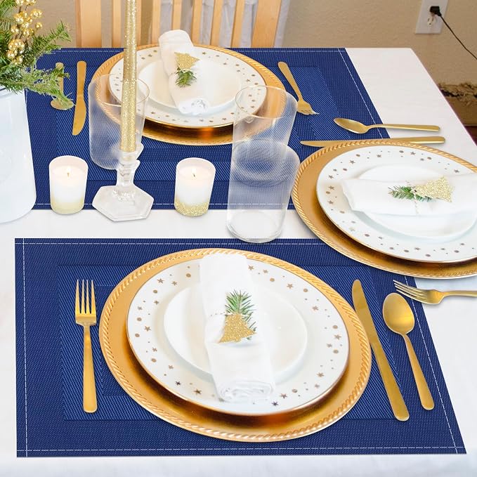 Navy Blue Placemats Set of 4, 12x18 Inch Washable Easy to Clean Heat-Resistant Anti-Skid Grey Placemats for Holiday Party Kitchen Dining Room Decoration