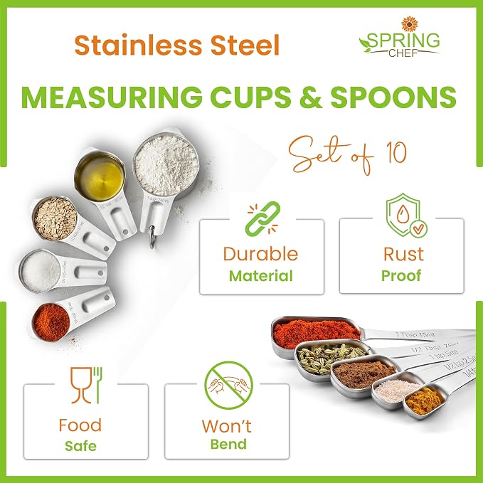 Spring Chef Stainless Steel Measuring Cups and Spoons Set of 10 w/Leveler | Stackable Metal Measuring Cups for Kitchen & Rectangular Teaspoon & Tablespoon Measuring Spoons for Dry & Liquid Ingredients