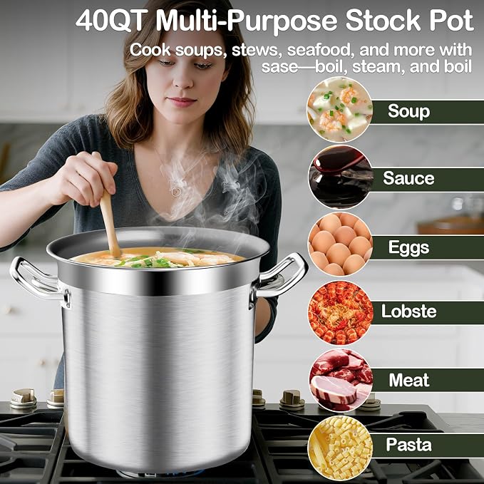Stockpots-40QT Large Stock Pot Stainless Steel Stockpot with Lid, Heavy Duty Tri-Ply Bottom Commercial Grade Stock Pot for Boiling Cooking Soup Stew Canning Cooking Pots,Big Stockpot, Deep Cookware
