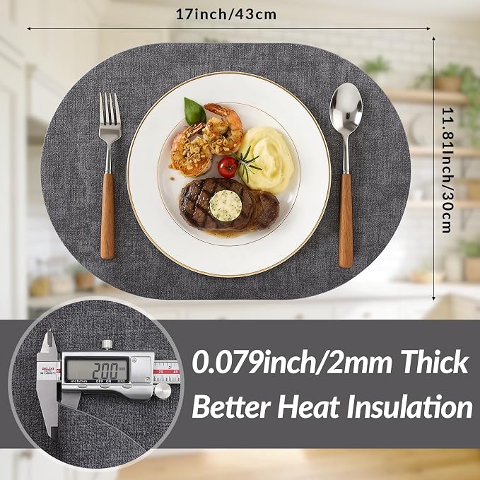 Placemats Set of 4, 11.8 x 17 Inch, Dark Grey | Heat Resistant Oval Faux Leather Place Mats, Waterproof Wipeable Reversible PU Placemat, Indoor & Outdoor