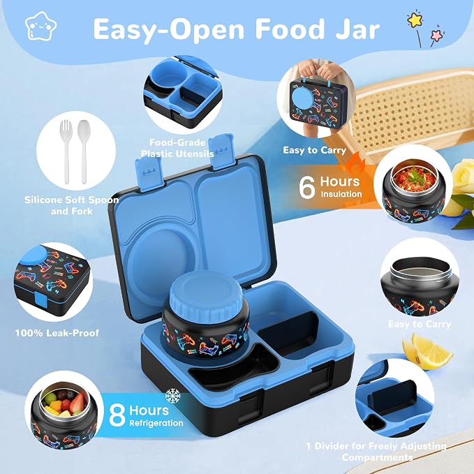 Bento Lunch Box for Kids Adult, Leakproof 3-4 Compartment Bento Box Set with Insulated Food Jar,Water Bottle, Lunch Bag, School Lunch Container for Toddler Teen Girls Boys Ages 3+(Game)