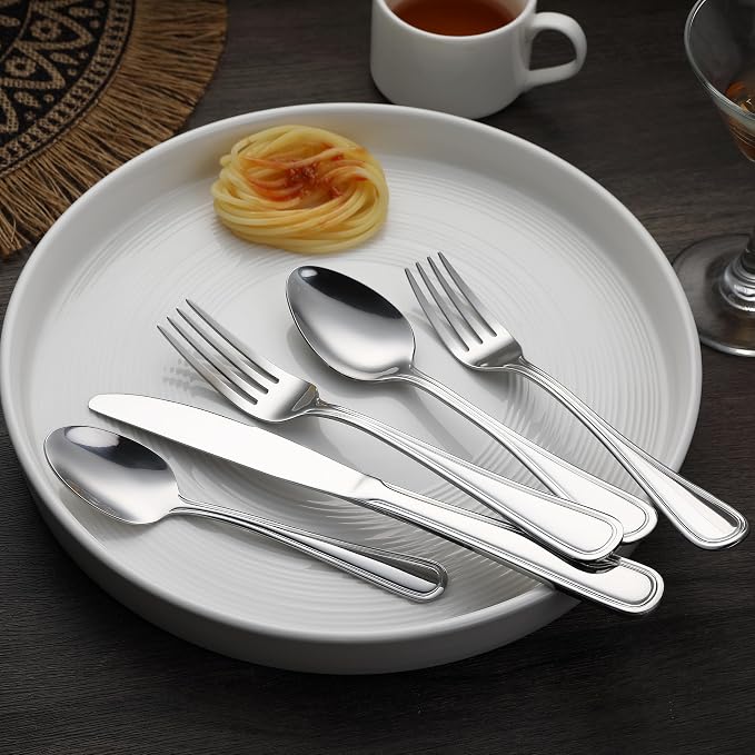 Amazon Basics Silverware Set, Stainless Steel Flatware, Dishwasher Safe, Service for 4, 20-Piece Forks and Spoons, Crown Edge, Everyday Use (Pack of 2)
