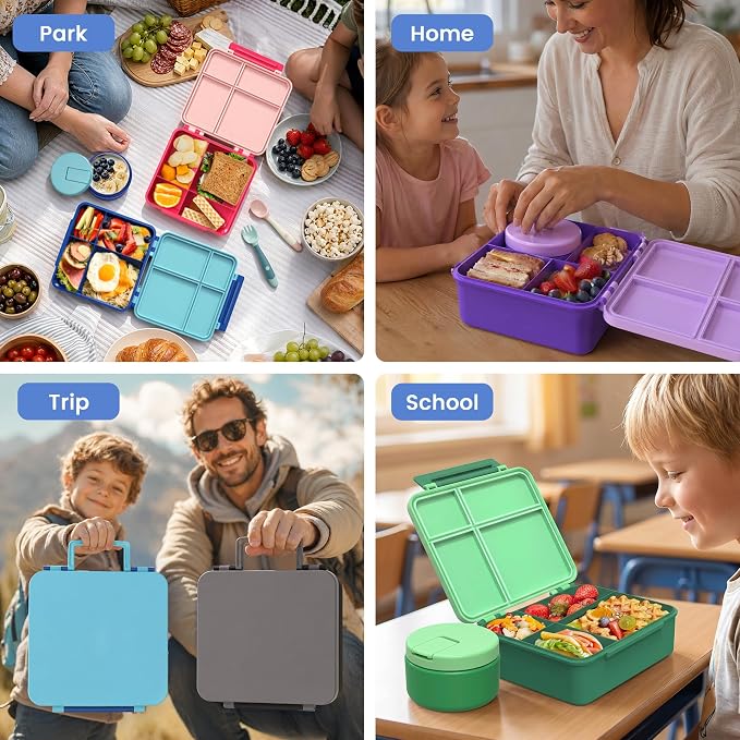 LOHASOK Bento Lunch Box for Kids with 8oz Soup Thermo,Blue | 4-Compartment, Leak-Proof Lunch Containers with Insulated Food Jar and Silicone Foldable Spoon Fork
