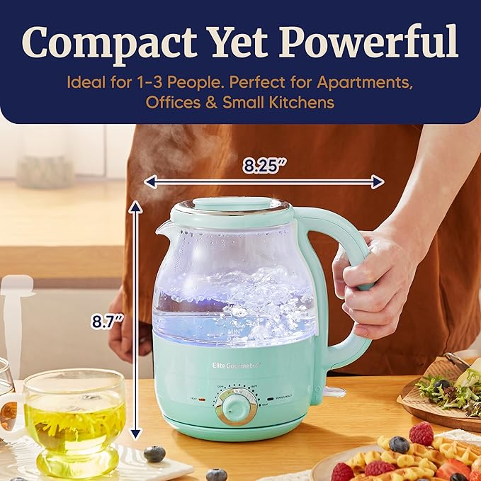 Elite Gourmet 1.2L Glass Kettle, 1200W Fast Boil, Temp Control, Mint | BPA-Free Borosilicate Glass, Keep Warm Function, Auto Shut-Off & Boil-Dry Protection, 360° Cordless Base