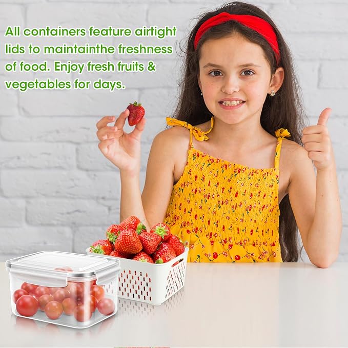 4 Pack Fruit Storage Containers for Fridge Berry Keeper Produce Saver | Airtight Food Container Set with Colander Lettuce Keep Fresh BPA Free Plastic Refrigerator Organizer Freezer Dishwasher Safe