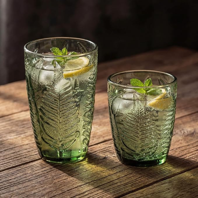Green Drinking Glasses Set of 8 - 12 & 10 oz, Vintage Boho Fern Glass Cups | Hand-Pressed, Dishwasher Safe, Leaf-Textured Glassware, Colored Embossed Highball & Lowball Tumblers for Water, Retro Kitchen
