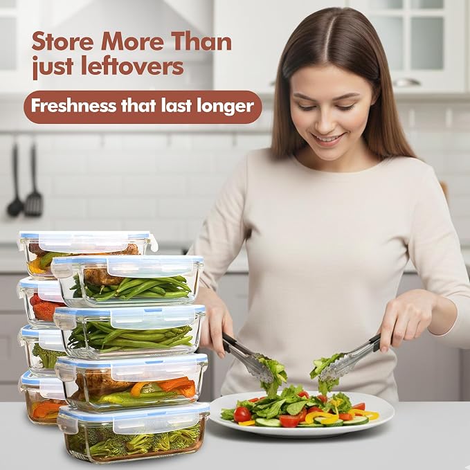 Razab 16 Pc (Set of 8) 30 Oz Glass Meal Prep Containers with Lids, Airtight Large Glass Food Storage Containers, Reusable Leak Proof BPA Free, Freezer to Oven and Dishwasher Safe