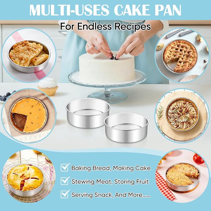 TeamFar 6 Inch Cake Pan, 2 Pcs Stainless Steel Round Tier Cake Pan Set | for Baking Steaming Serving, Fit in Oven Pot Air Fryer, Healthy & Heavy Duty, Mirror Finish & Easy Clean, Dishwasher Safe