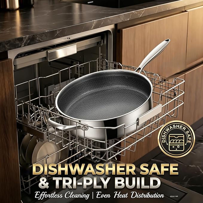 Inqibee 5QT Hybrid Nonstick Stainless Steel Sauté Pan with Lid | Honeycomb Tri-ply Stainless Steel Deep Frying Pan, Large Skillet for Sautéing, Frying & Family Meals, Induction Compatible