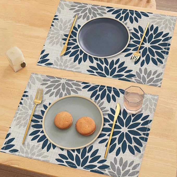 Dahlia Aqua Floral Pinnata Flower Placemats Set of 4, 12x18 Inch Washable Easy to Clean Heat-Resistant Anti-Skid Grey Placemats for Holiday Party Kitchen