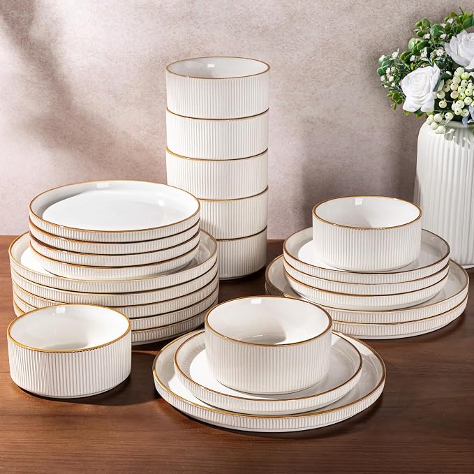 GBHOME Stoneware Dinnerware Sets for 8, 24-Piece Plates and Bowls Set | Handmade Reactive Glaze Ceramic Dish Set, Scratch Resistant, Dishwasher&Microwave Safe,Warm White