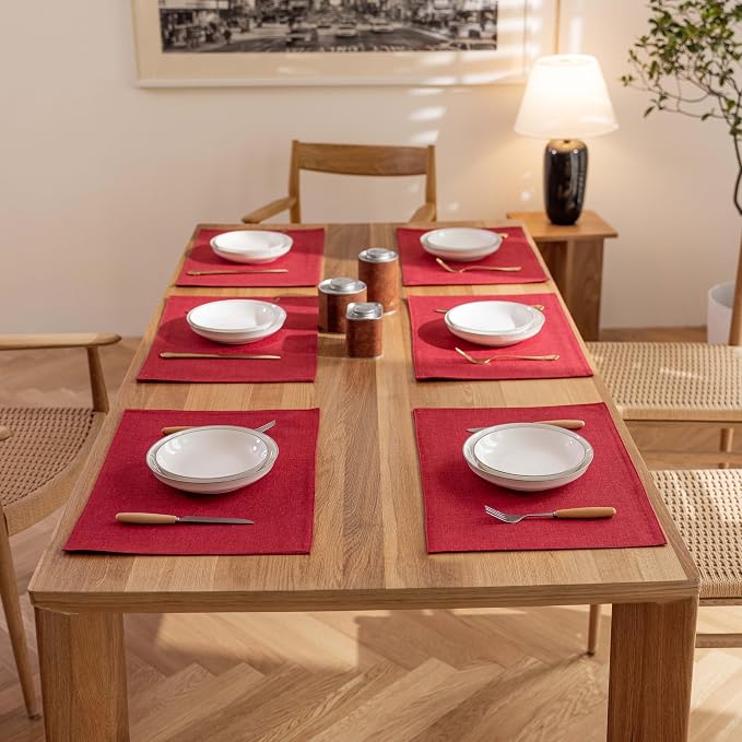 Demetex Placemats Set of 4 Heat Resistant Red Linen Place Mats Wipeable Cloth Placemats for Party Wedding Holiday Dinner, 13 x 19 inches, Wine Red