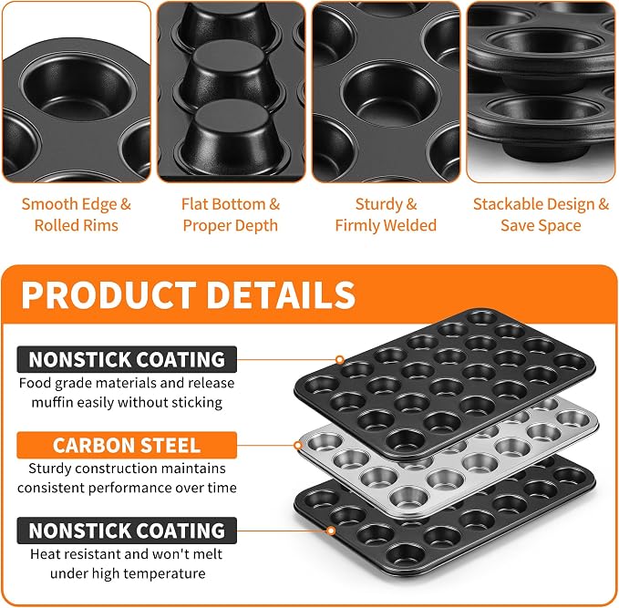 TeamFar 2 Pack Mini Muffin Pan, 24-Cup Non-Stick Cupcake Tray for Baking | Carbon Steel Small Cup Cake Tin Bakeware for Bite-Sized Cheesecake Tart Quich, Even Baking & Effortless Release & Easy Clean