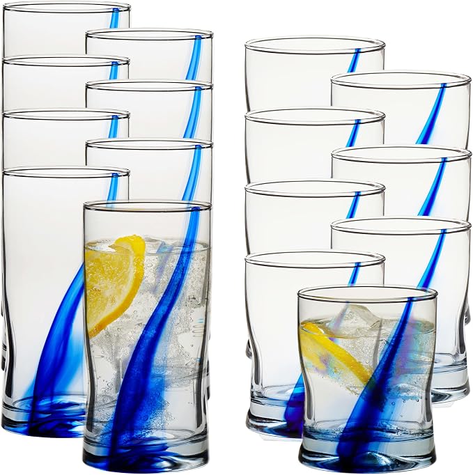 Blue Ribbon Tumbler & Rocks Drinking Glasses Set of 16, Dimpled Cups | 16.75 oz and 12.5 oz Capacities for Water, Juice, Cocktails, and More with Blue Ribbon Design and Dishwasher-Safe Cleanup