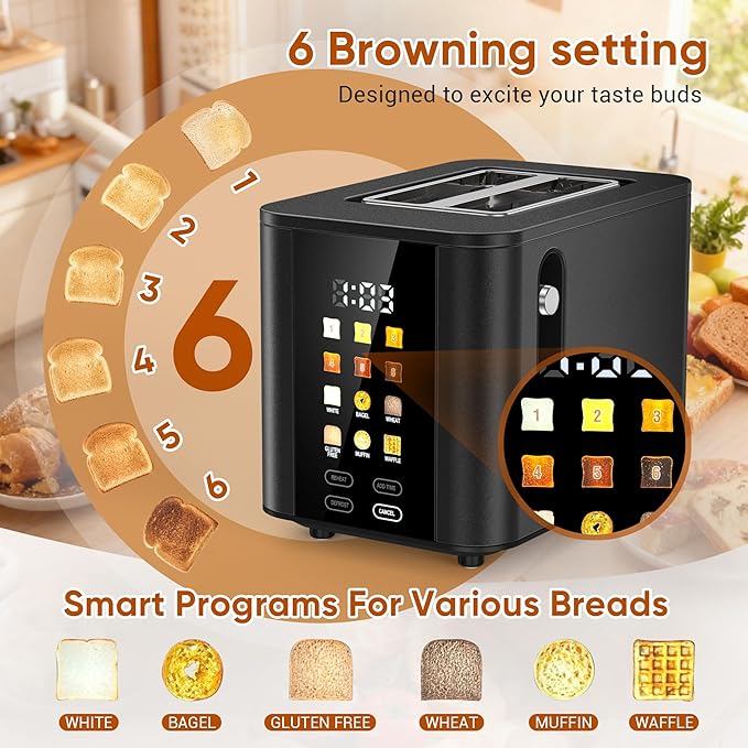 Touch Screen Toaster 2 Slice Black Toaster with Digital Countdown Wide Slot LCD Display 2 Slice Toasters Smart Toasters 6 Shade Settings 6 Bread Type with Reheat/Add Time/Defrost/Cancel Function