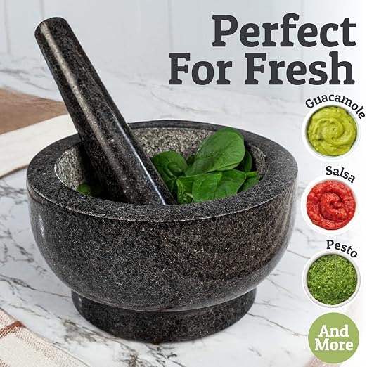 PriorityChef 4 Cup Large Mortar and Pestle Set, 100% Natural Granite, 7 Inch Diameter Bowl with 7.2 Inch Pestle, Make Fresh Guacamole at Home, Solid Stone Grinder Bowl, Herb and Spice Grinder, Black