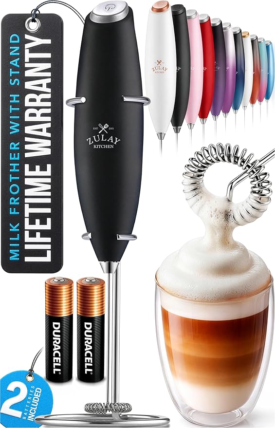 Zulay Kitchen Powerful Milk Frother Wand With Duracell Batteries - Ultra Fast Handheld Drink Mixer - Electric Whisk Foam Maker for Coffee, Lattes, Cappuccino & Matcha - Z1 Motor - Black