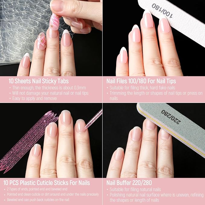 FANDAMEI French Tip Press On Nails, French Tip Nails, With Nail Prep Kit | Medium Almond Full Cover, With Cuticle Remover, Beginner-friendly, 120PCS Press On Nails French Tip, For DIY Nails At Home