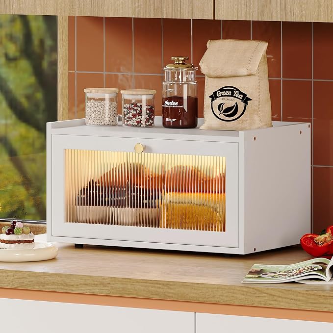 Trironsun Bamboo Bread Box with Led Light for Kitchen Counter Large Capacity Bread Storage Container Kitchen Countertop Organizer with Window Bread Holder (Whiite)