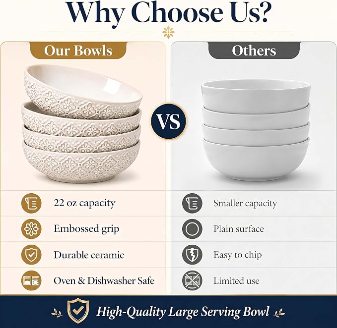 8 inch Pasta Bowls, 22 Oz Ceramic Serving Bowls Set of 4, Embossed Porcelain Salad Bowl, Serving Dishes for Pasta, Salad, Soup, Fruit, Housewarming Gift, Wedding Decor, Oven & Dishwasher Safe