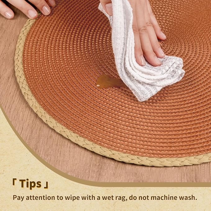 Round Placemats Set of 8, Woven Table Mats, Thin Edge, Dark Orange | Braided Paper Edge, 15 Inch Diameter, Fits Dinner Plate and Flatware, Wipeable, Heat Resistant, Indoor Dining, Outdoor Patio