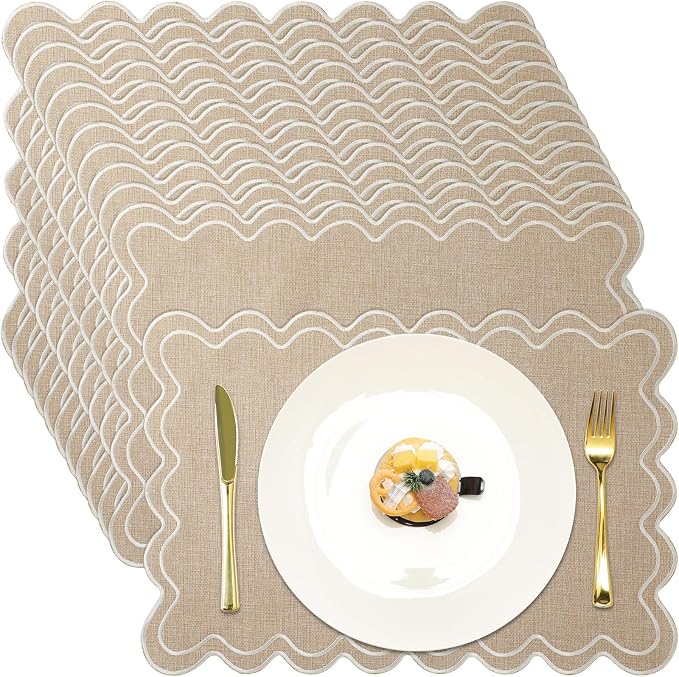 Linen Placemats Set of 12 Scalloped Placemat 13 X19 Wavy Embroidery Double Layered Washable Farmhouse Dinner Fabric Table Mat Napkin for Wedding Party Restaurant(Regular,Linen Color)