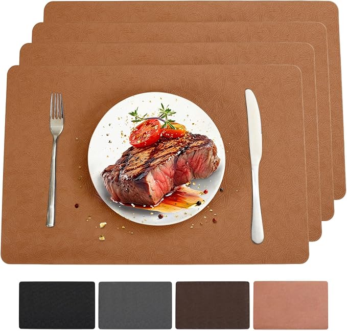 Light Brown Vinyl Placemats Set of 4 Waterproof Wipeable Table Mat | Heat Resistant Easy Clean Place Mats Faux Leather Table Mats Washable PVC Table Placemats for Dining Table